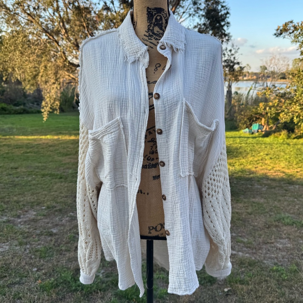 Porter Collective Oversized Button Shirt Crochet Sleeves Boho Cream Size Medium